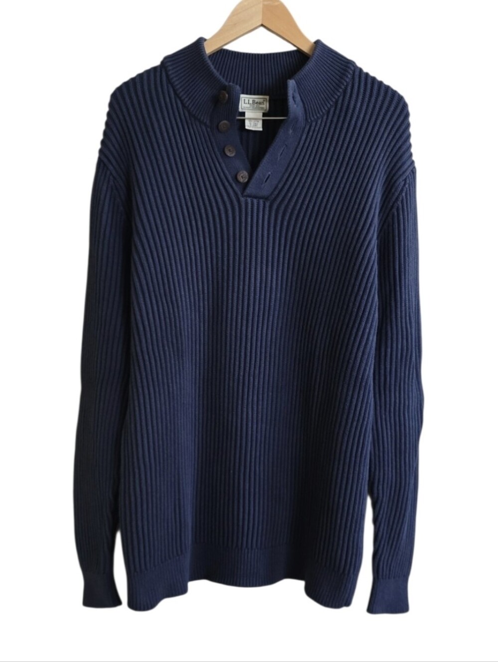 L.L. Bean Men's Navy Thick Knit Ribbed 1/4 Button Henley Sweater. Size XL Tall